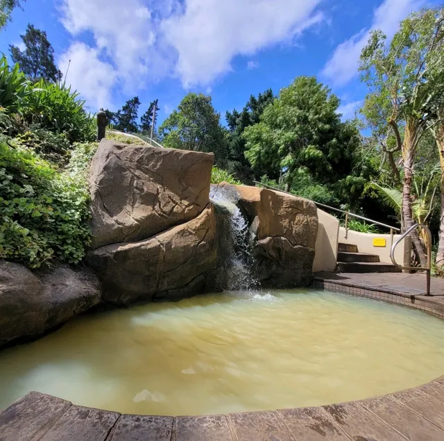 Alt text: A natural hot spring pool at Caledon Spa, surrounded by rocks, trees, and a small cascading waterfall under a blue sky.