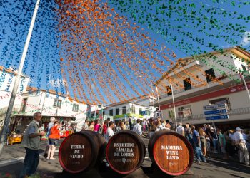 Colorful street decorations and wine barrels at Portugal wine festival in Madeira with crowds celebrating traditional harvest festival