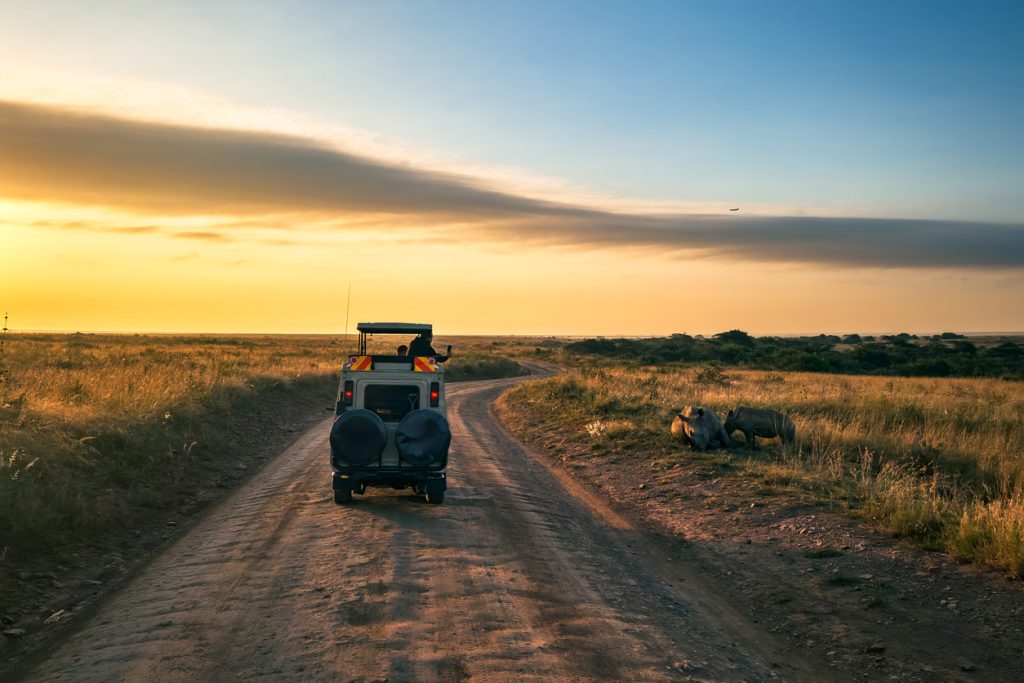 Safari vehicle with tourists photographing wildlife at sunset in Nairobi National Park, Kenya, East Africa.